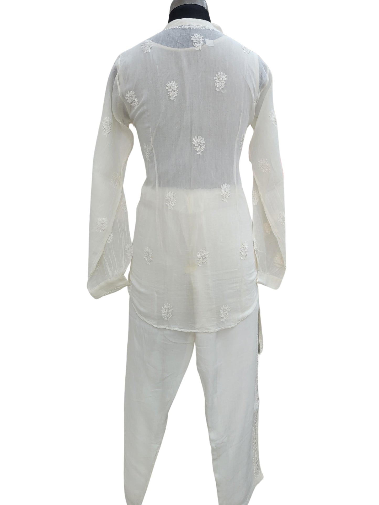 Shyamal Chikan Hand Embroidered White Mul Chanderi Lucknowi Chikankari Shirt and Pant Set - S24712