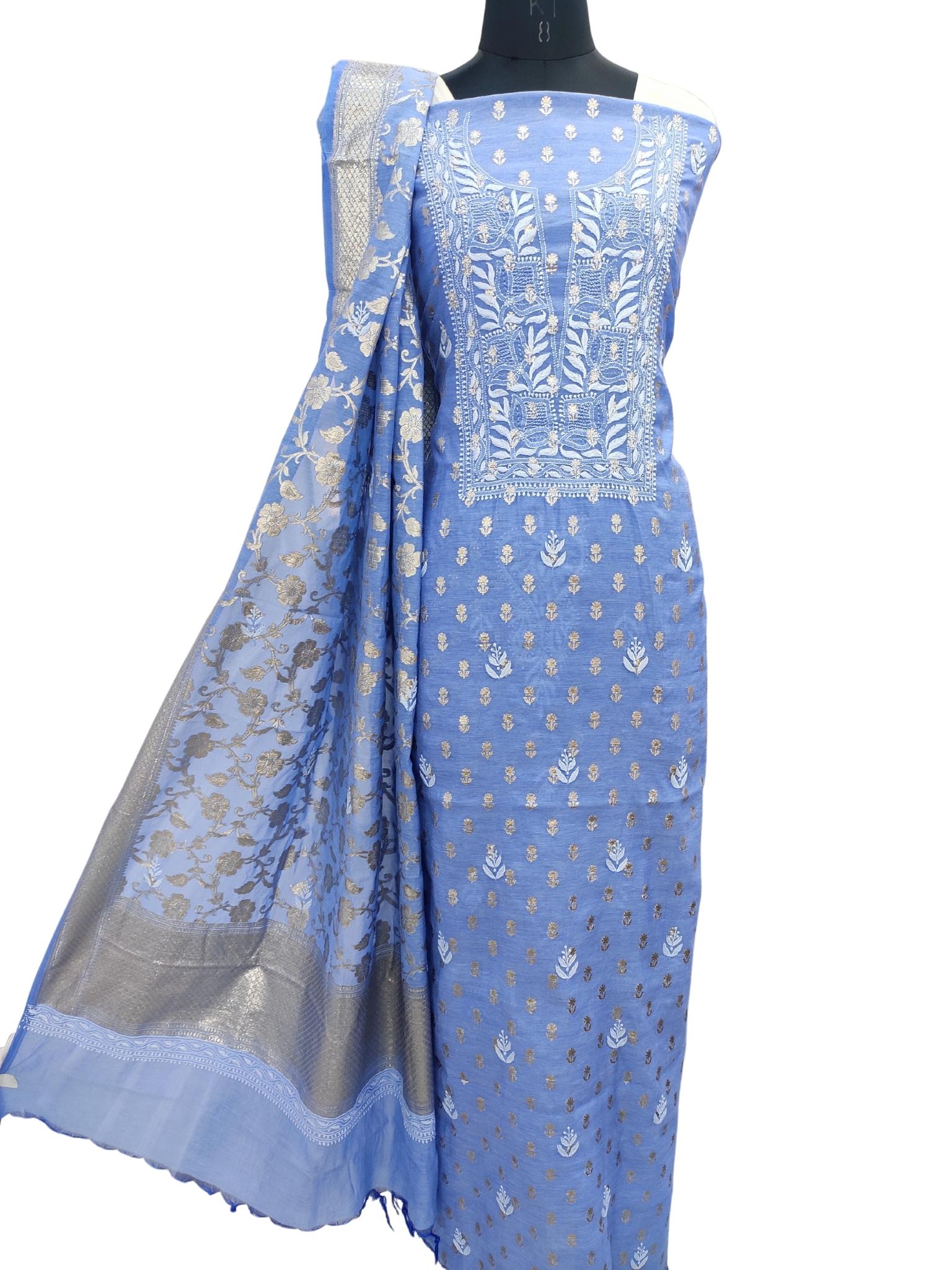 Shyamal Chikan Hand Embroidered Blue Chanderi Lucknowi Chikankari Unstitched Suit Piece ( Kurta Dupatta Set ) S20915