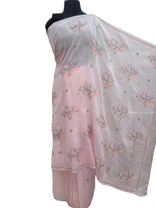 Shyamal Chikan Hand Embroidered Pink Pure Lenin Lucknowi Chikankari Saree With Blouse Piece- S24058