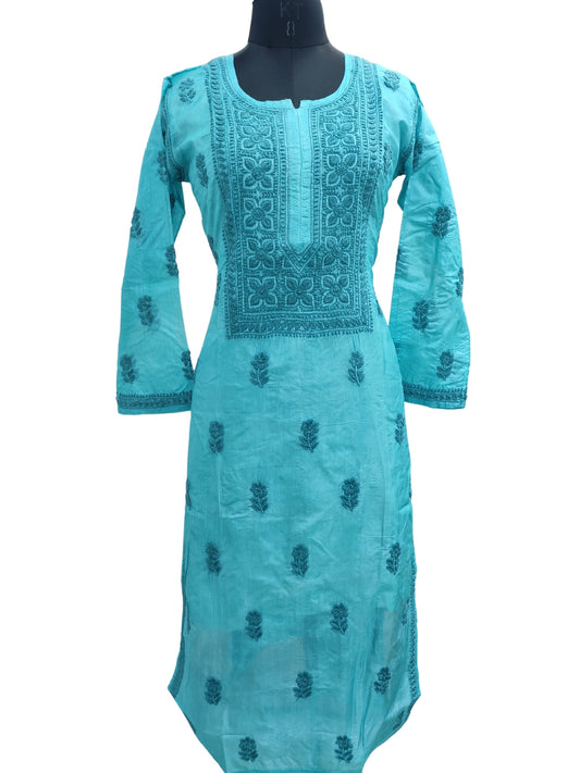 Shyamal Chikan Hand Embroidered Blue Pure Tusser Silk Lucknowi Chikankari Kurti- S24412