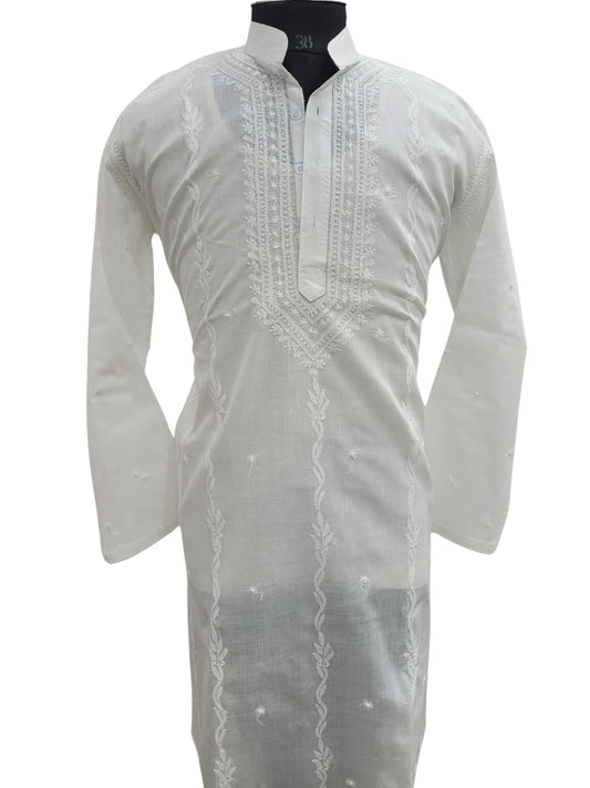 Shyamal Chikan Hand Embroidered White Cotton Lucknowi Chikankari Men's Kurta - S25173