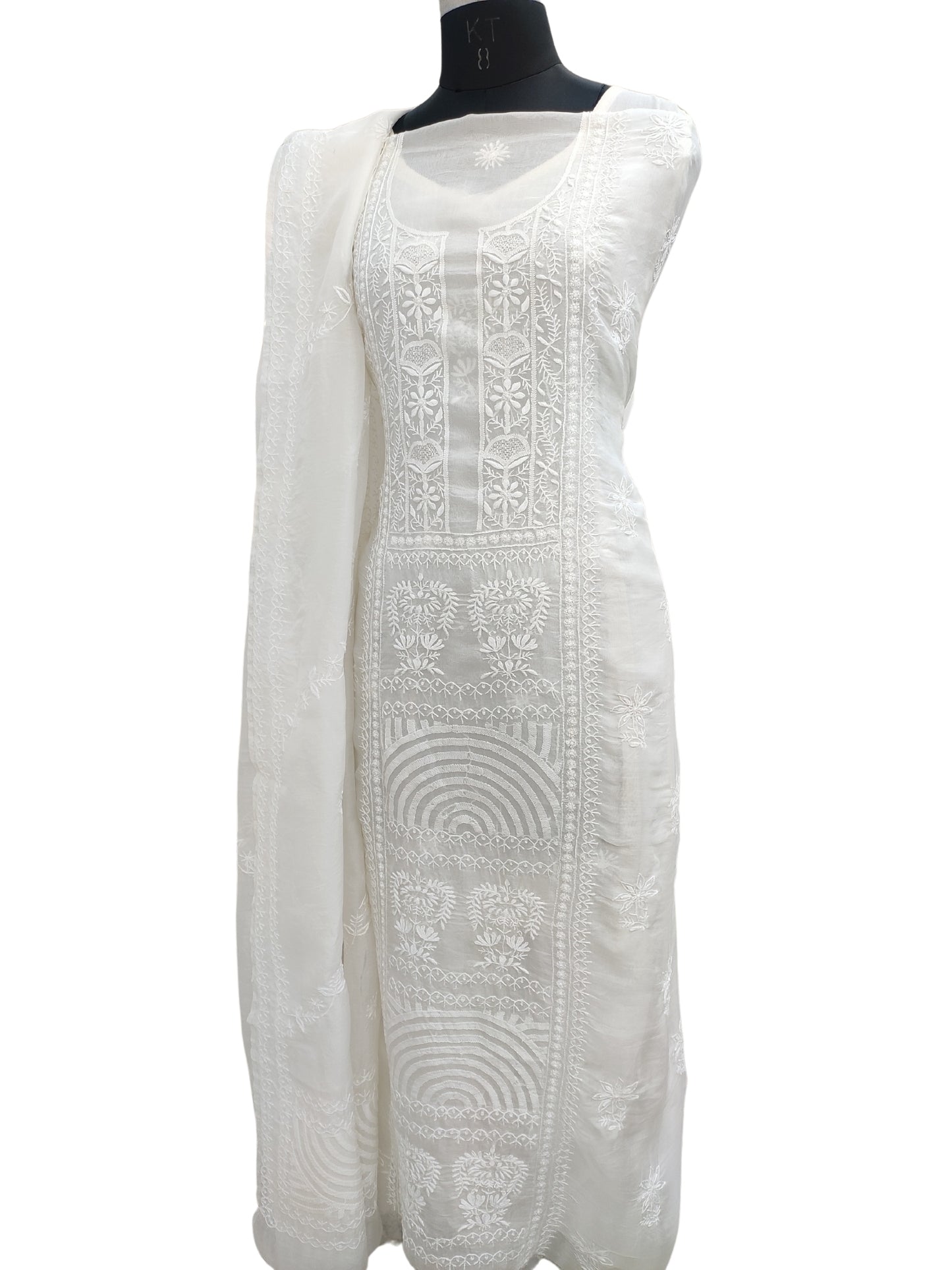 Shyamal Chikan Hand Embroidered White Organza Lucknowi Chikankari Unstitched Suit Piece (Kurta Dupatta Set)  - S24984