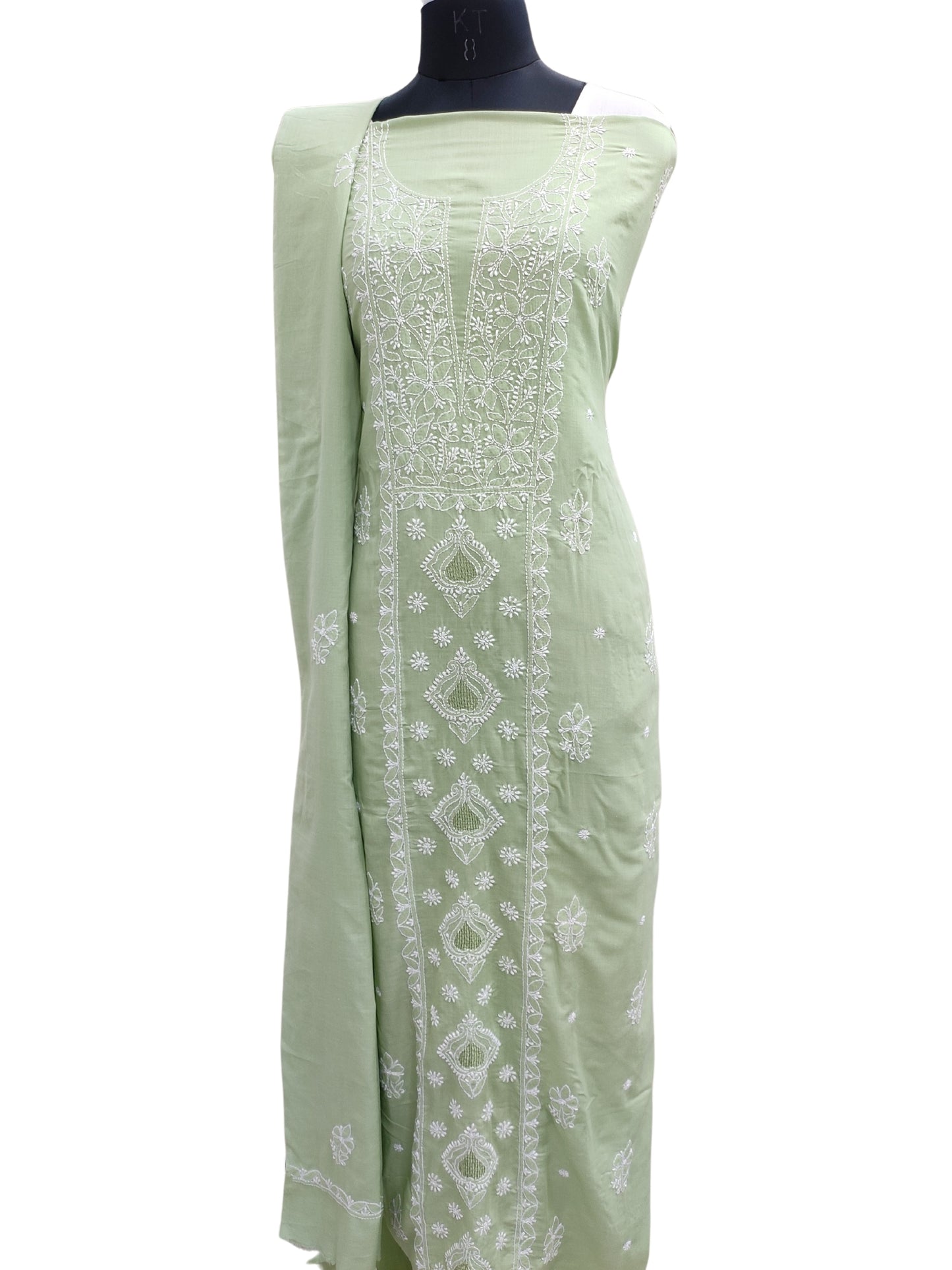 Shyamal Chikan Hand Embroidered Green Cotton Lucknowi Chikankari Unstitched Suit Piece With Cotton Dupatta & Jaali Work - S25289