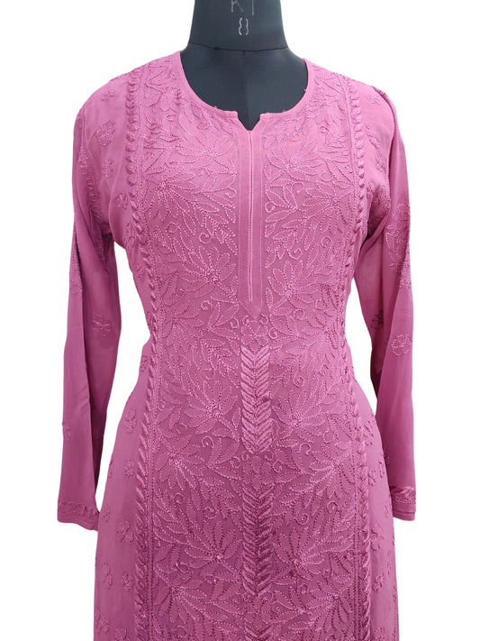 Shyamal Chikan Hand Embroidered Magenta Viscose Georgette Lucknowi Chikankari Kurta and Bottom Set - S23673