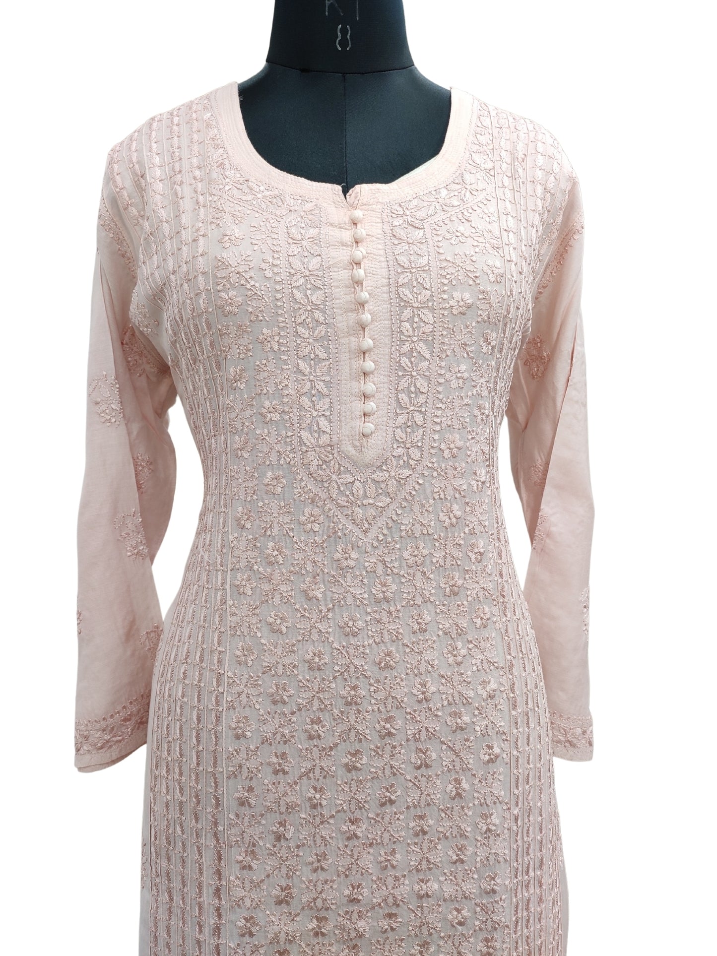 Shyamal Chikan Hand Embroidered Peach Muslin Lucknowi Chikankari Kurti - S24878