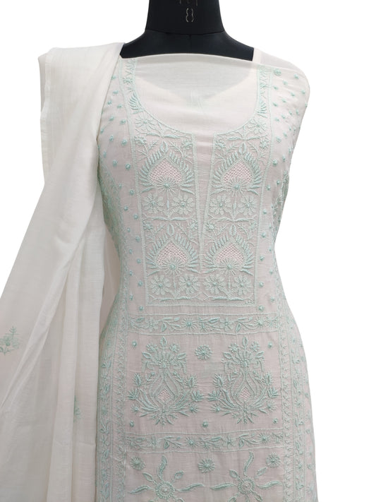 Shyamal Chikan Hand Embroidered White Mul Chanderi Lucknowi Chikankari Unstitched Suit Piece (Kurta Dupatta Set) - S24331