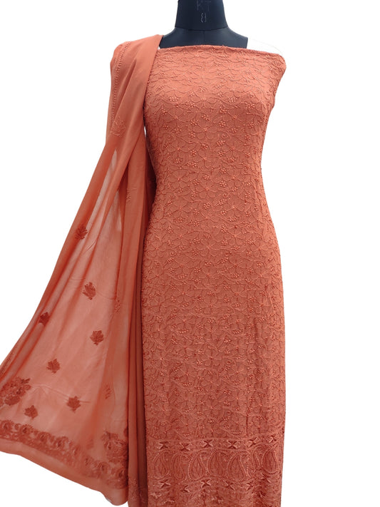 Shyamal Chikan Hand Embroidered Orange Viscose Georgette Lucknowi Chikankari Unstitched Suit Piece ( Kurta Dupatta Set ) - S19493