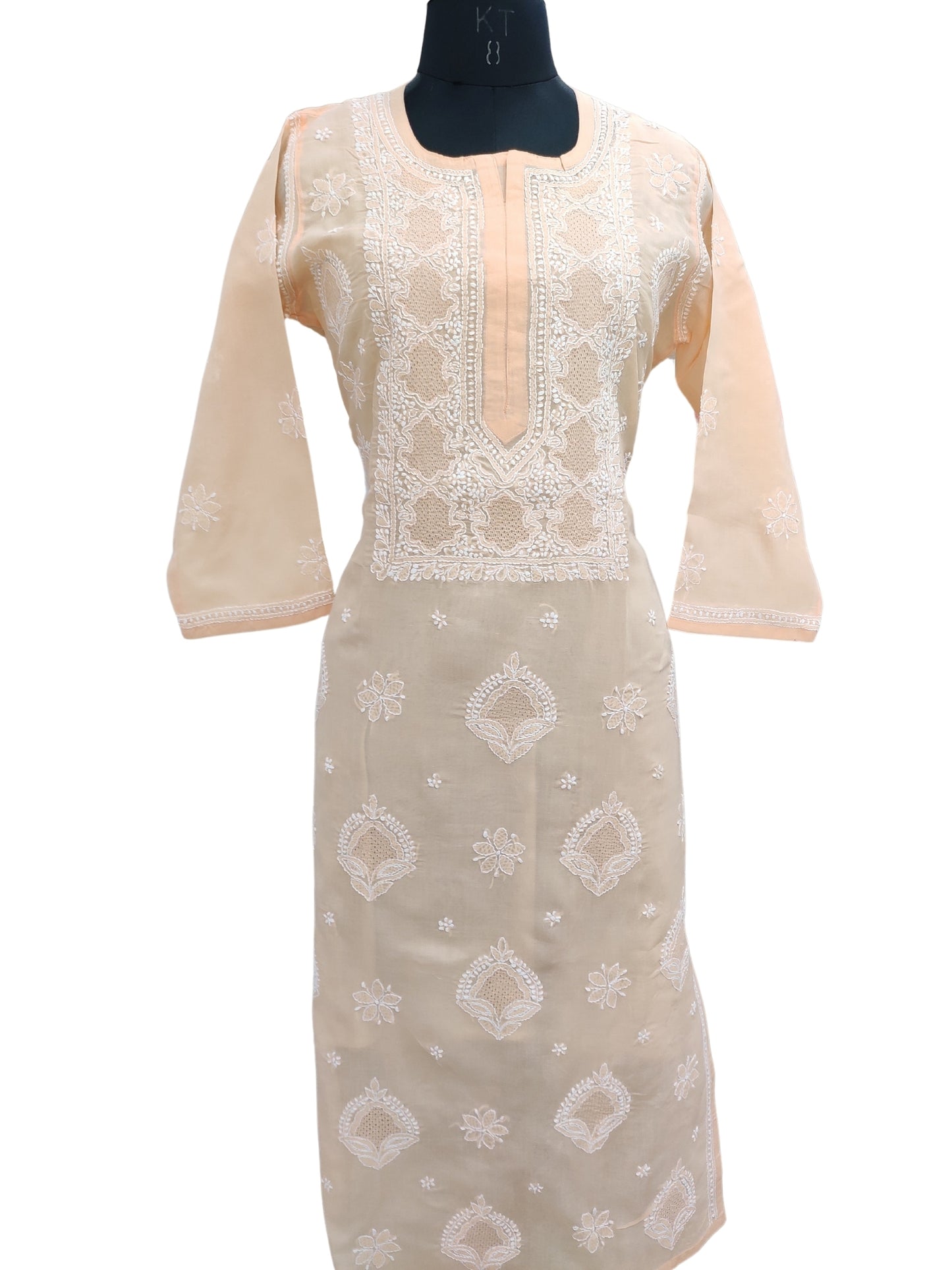 Shyamal Chikan Hand Embroidered Peach Cotton Lucknowi Chikankari Kurti With Jaali Work- S23538