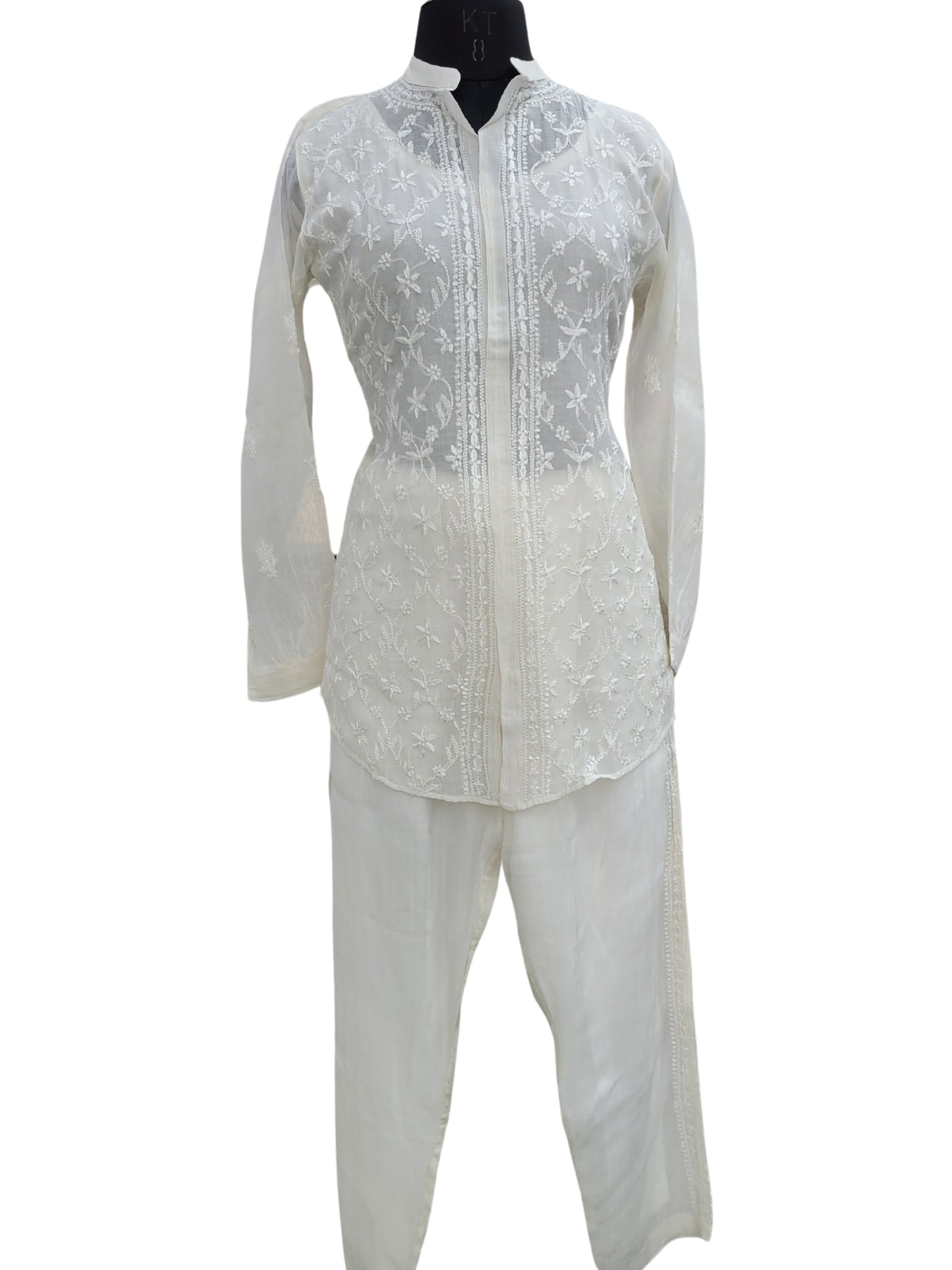 Shyamal Chikan Hand Embroidered White Mul Chanderi Lucknowi Chikankari Shirt and Pant Set - S24245