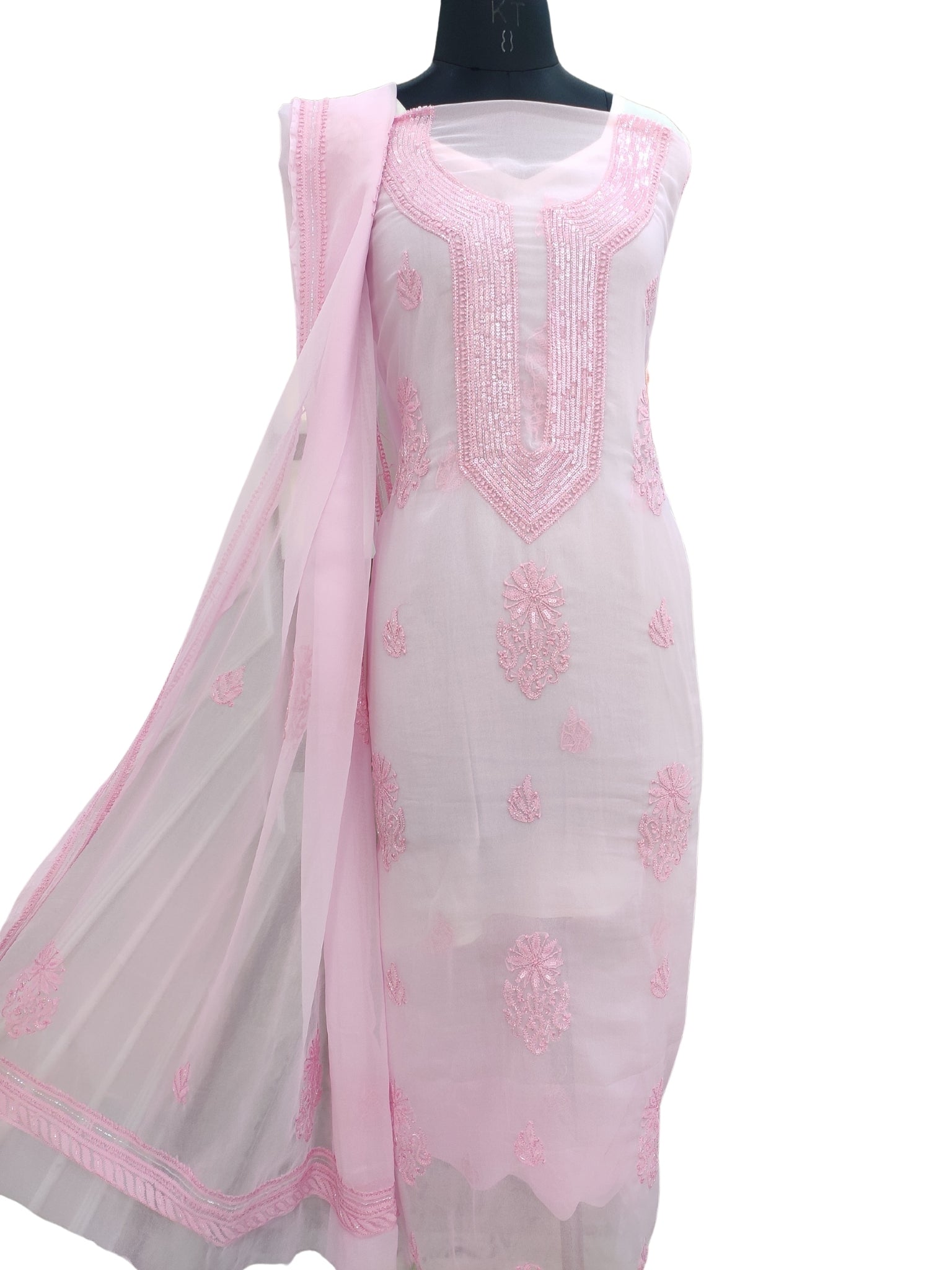 Shyamal Chikan Hand Embroidered Pink Georgette Lucknowi Chikankari Unstitched Suit Piece With Cutdana & Sequin Work - S24376