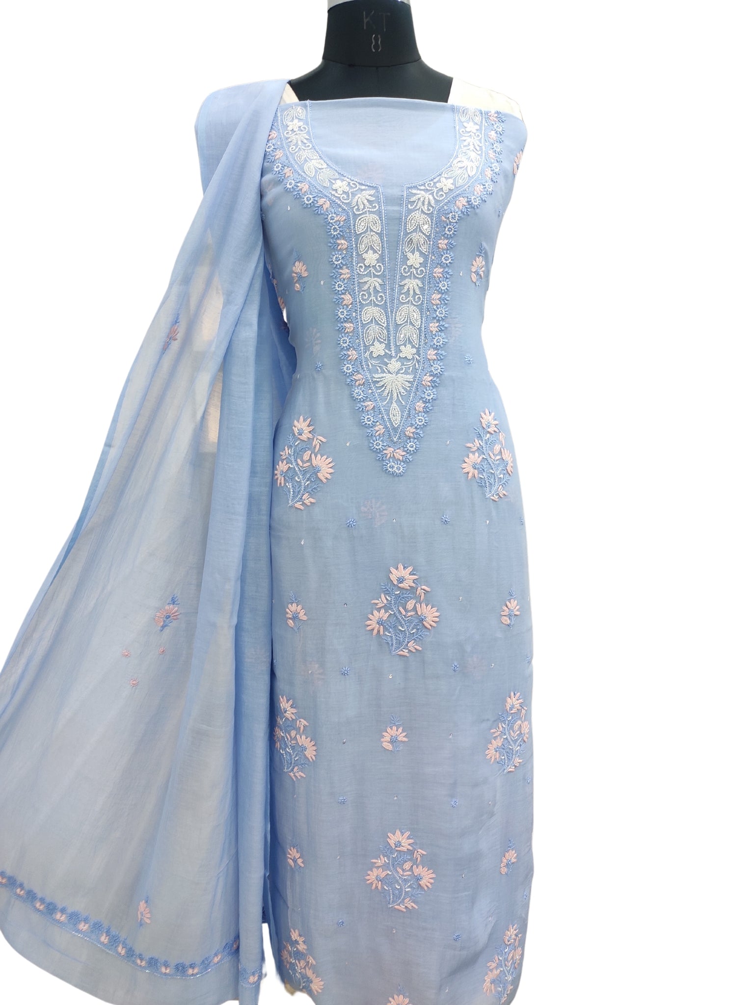 Shyamal Chikan Hand Embroidered Blue Mul Chanderi Lucknowi Chikankari Unstitched Suit Piece with Cutdana & Sequin Work (Kurta Dupatta Set) - S24431