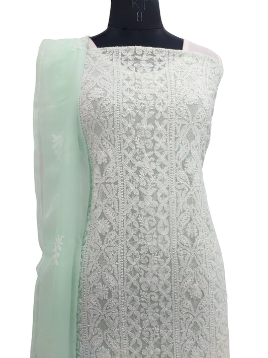 Shyamal Chikan Hand Embroidered Sea Green Georgette Lucknowi Chikankari Unstitched Suit Piece - 24043