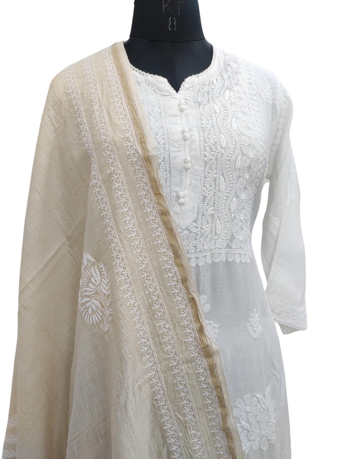 Shyamal Chikan Hand Embroidered Beige Monga Silk Lucknowi Chikankari Dupatta - S23195