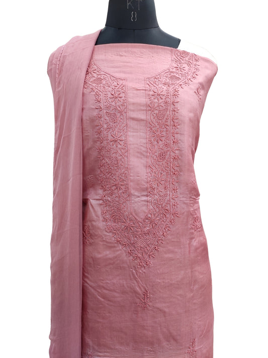 Shyamal Chikan Hand Embroidered Peach Pure Tusser Silk Lucknowi Chikankari Unstitched Suit Piece (Kurta Dupatta Set) - S24555