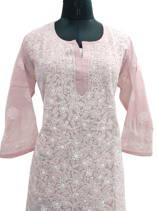 Shyamal Chikan Hand Embroidered Pink Cotton Lucknowi Chikankari Short Top - S21765