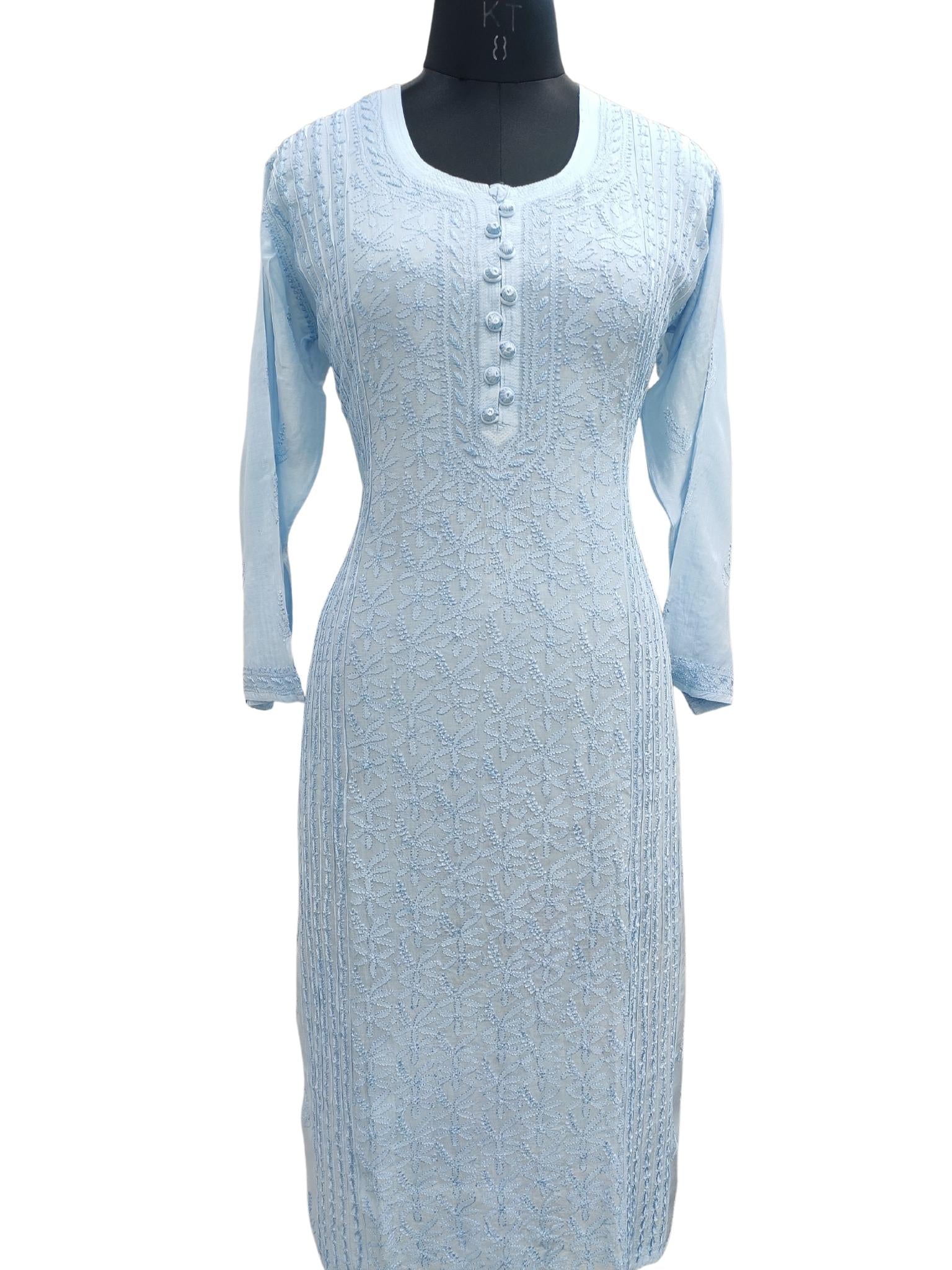 Shyamal Chikan Hand Embroidered Blue Muslin Lucknowi Chikankari Kurti - S20366