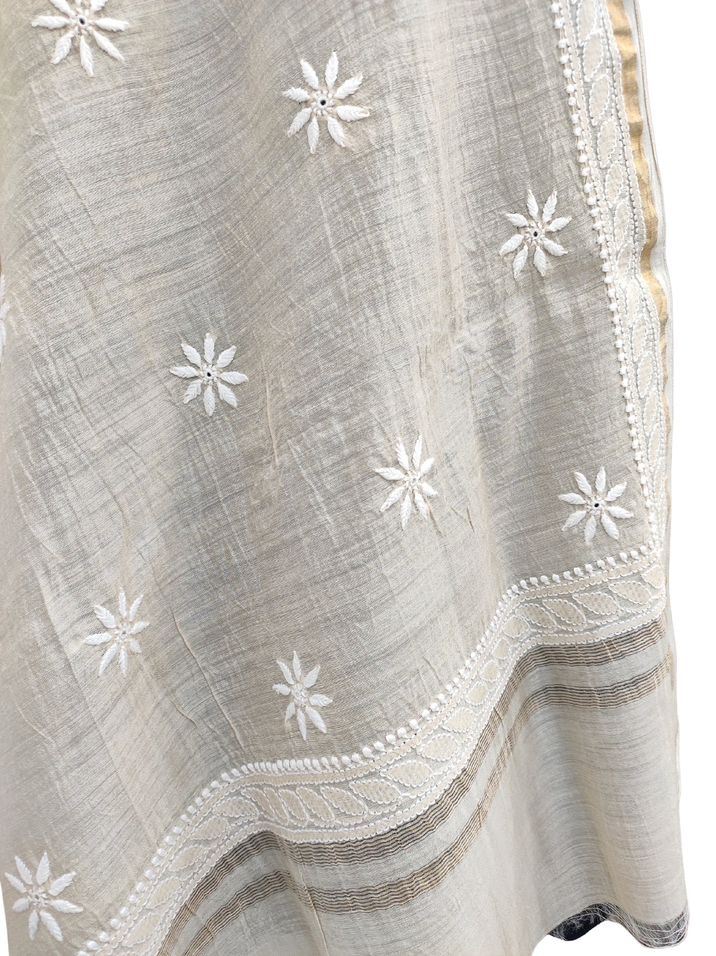 Shyamal Chikan Hand Embroidered Beige Monga Silk Lucknowi Chikankari Dupatta - S21121