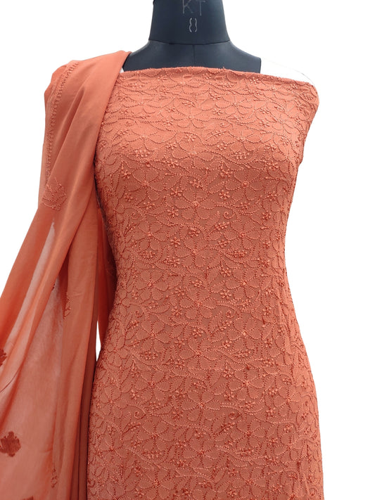 Shyamal Chikan Hand Embroidered Orange Viscose Georgette Lucknowi Chikankari Unstitched Suit Piece ( Kurta Dupatta Set ) - S19493