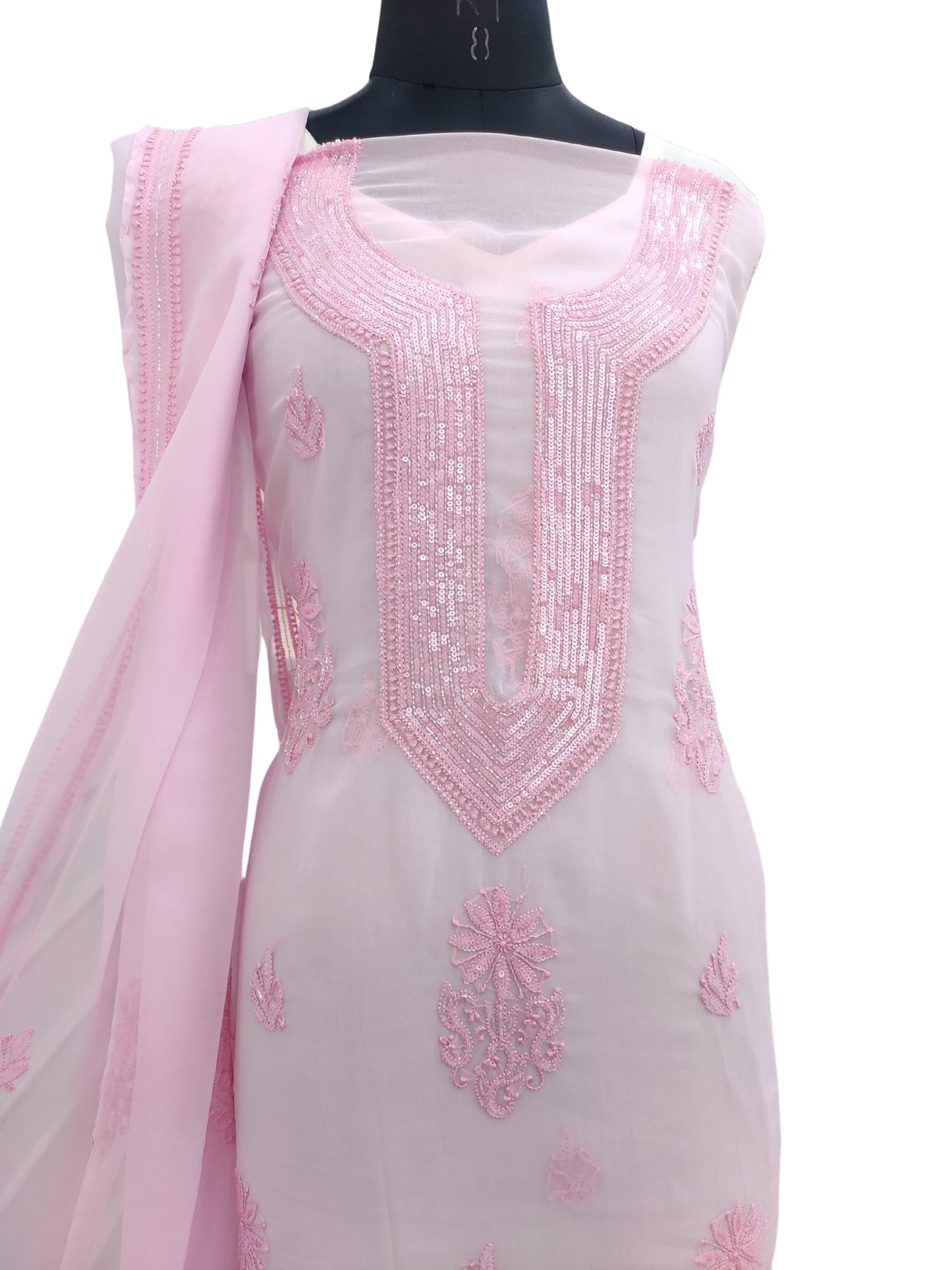 Shyamal Chikan Hand Embroidered Pink Georgette Lucknowi Chikankari Unstitched Suit Piece With Cutdana & Sequin Work - S24376