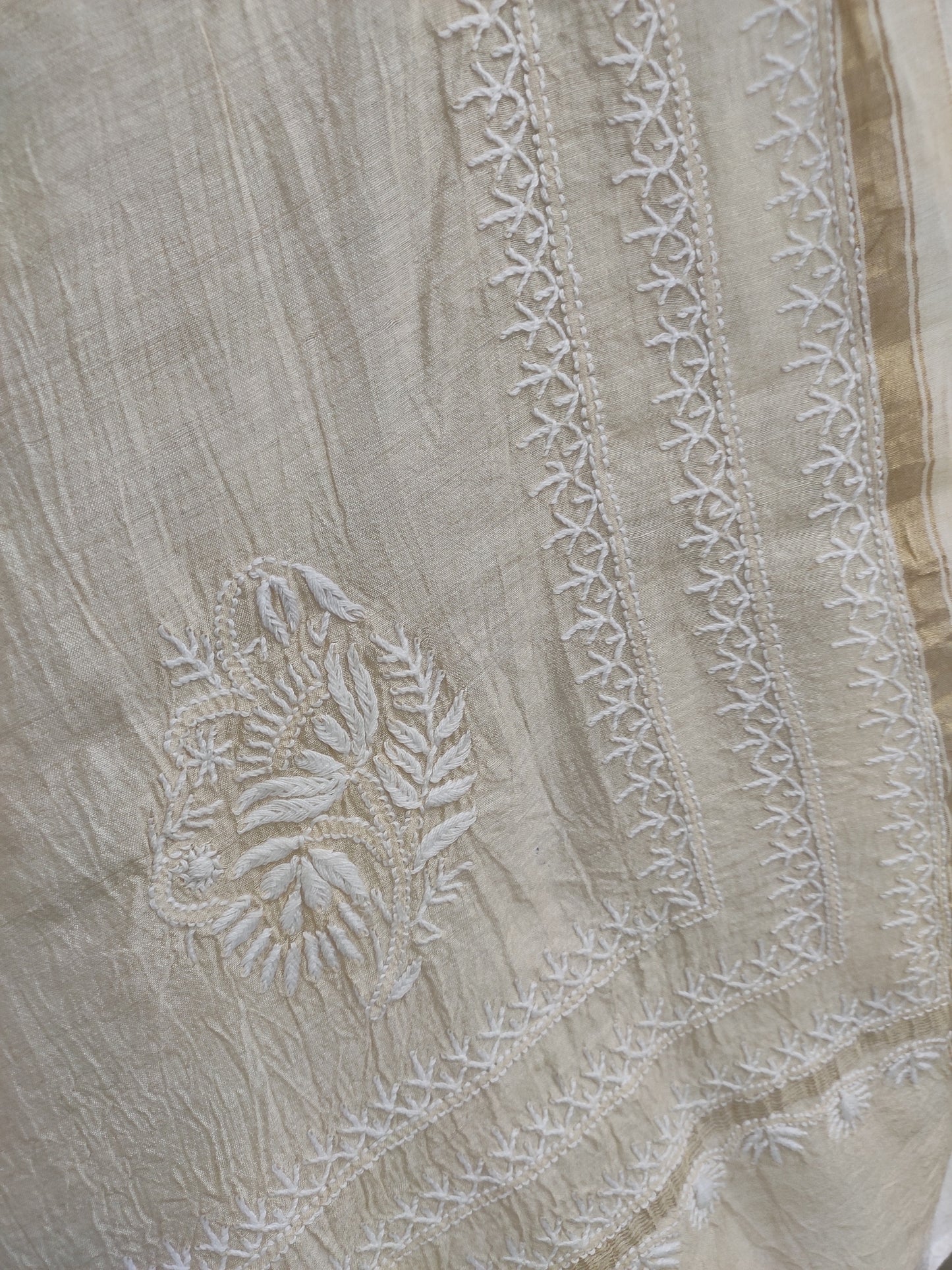 Shyamal Chikan Hand Embroidered Beige Monga Silk Lucknowi Chikankari Dupatta - S23195