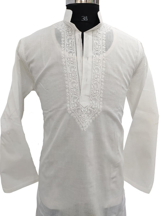 Shyamal Chikan Hand Embroidered White Cotton Lucknowi Chikankari Men's Kurta– S20131