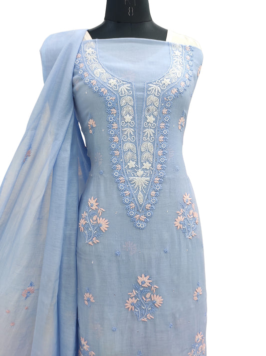 Shyamal Chikan Hand Embroidered Blue Mul Chanderi Lucknowi Chikankari Unstitched Suit Piece with Cutdana & Sequin Work (Kurta Dupatta Set) - S24431