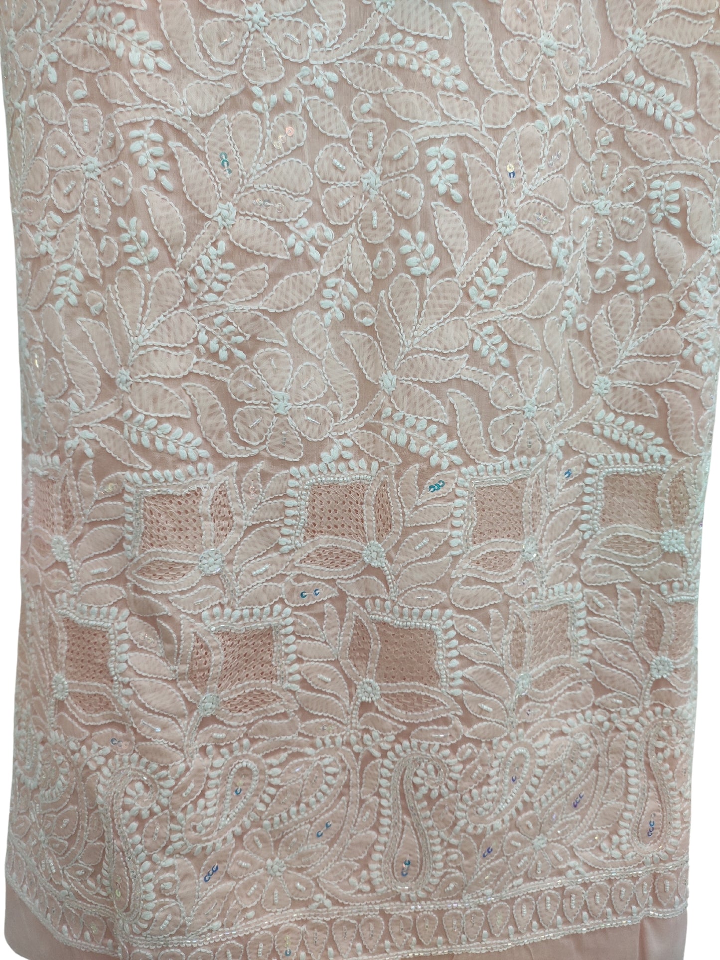 Shyamal Chikan Hand Embroidered Peach Cotton Lucknowi Chikankari Unstitched Suit Piece With Pearl Sequin & Cutdana Work - S24317