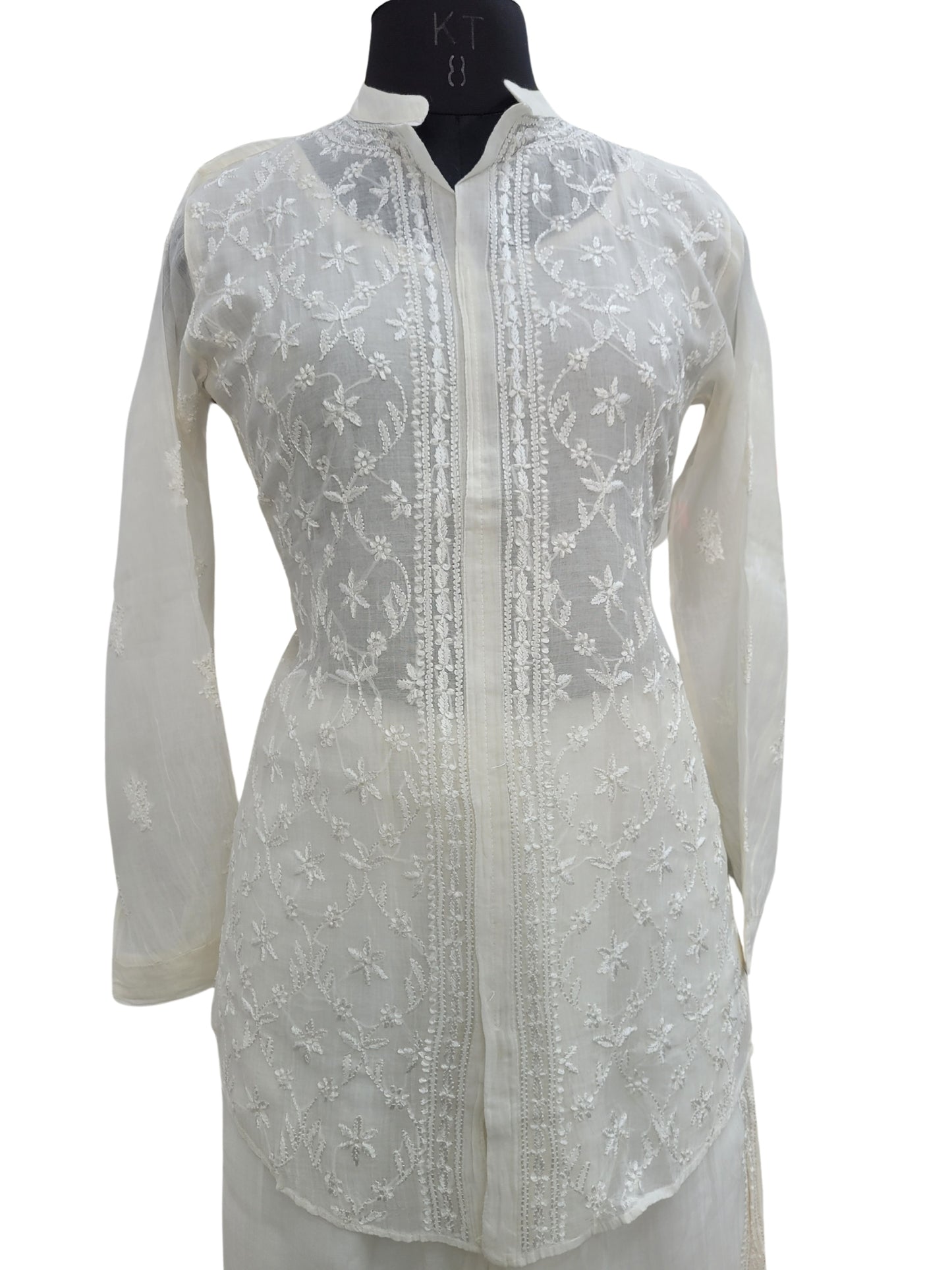 Shyamal Chikan Hand Embroidered White Mul Chanderi Lucknowi Chikankari Shirt and Pant Set - S24245