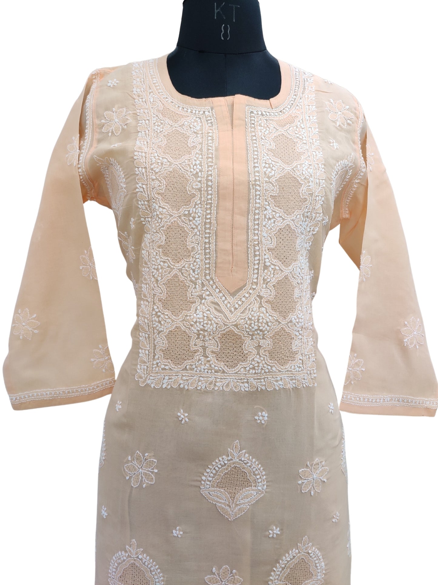 Shyamal Chikan Hand Embroidered Peach Cotton Lucknowi Chikankari Kurti With Jaali Work- S23538