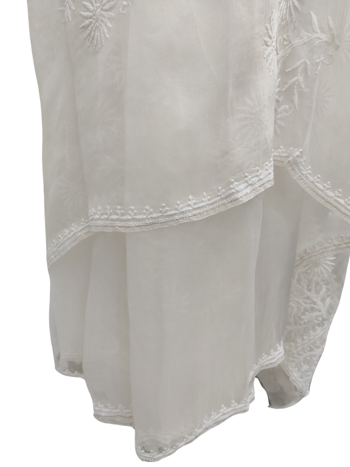 Shyamal Chikan Hand Embroidered White Pure Organza Lucknowi Chikankari Saree With Blouse Piece  - 23547