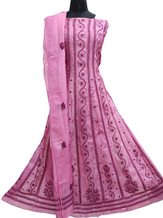 Shyamal Chikan Hand Embroidered Pink Pure Tusser Silk Lucknowi Chikankari Semi-Stitched Anarkali - S22429