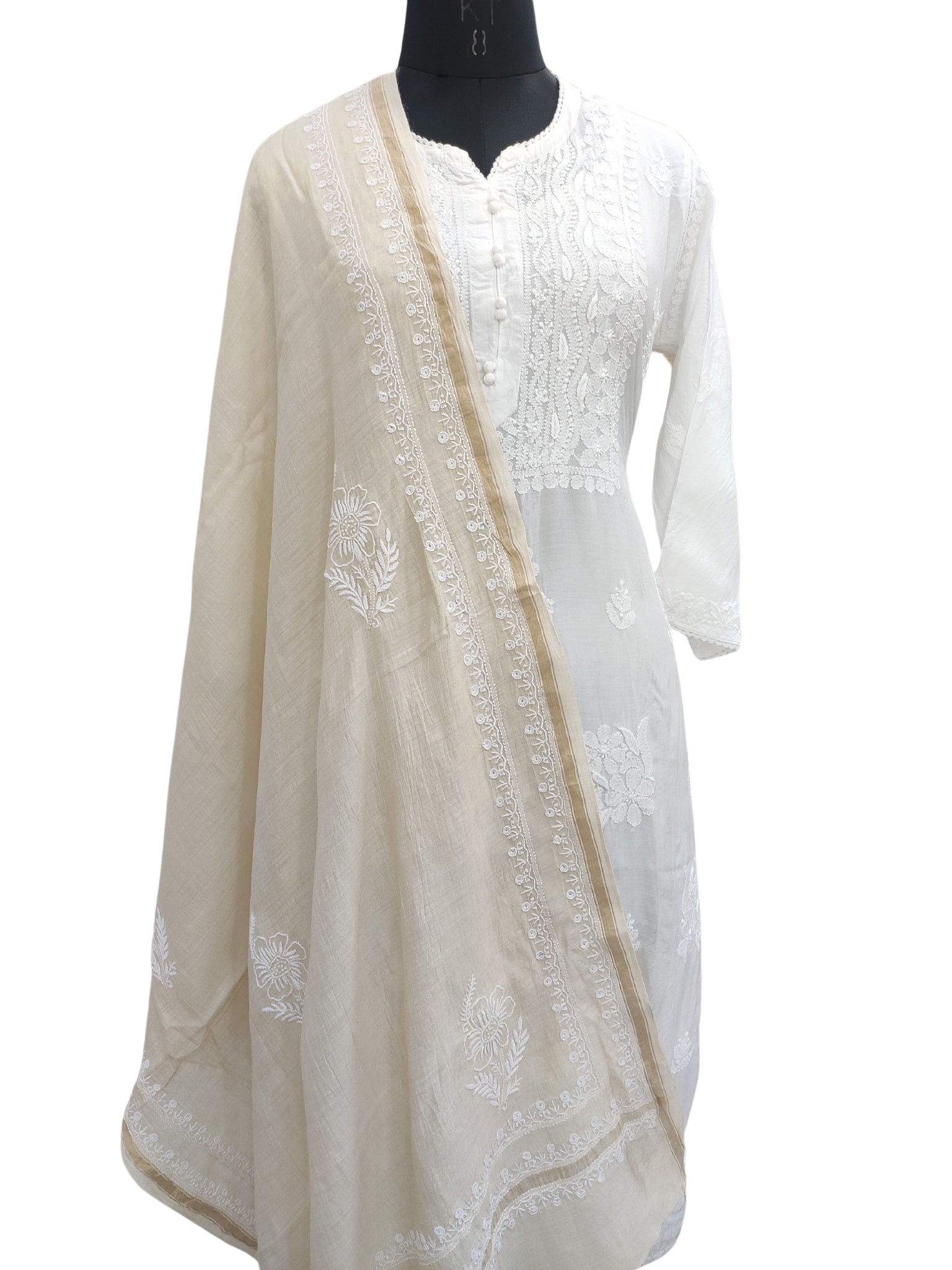 Shyamal Chikan Hand Embroidered Beige Monga Silk Lucknowi Chikankari Dupatta - S23193