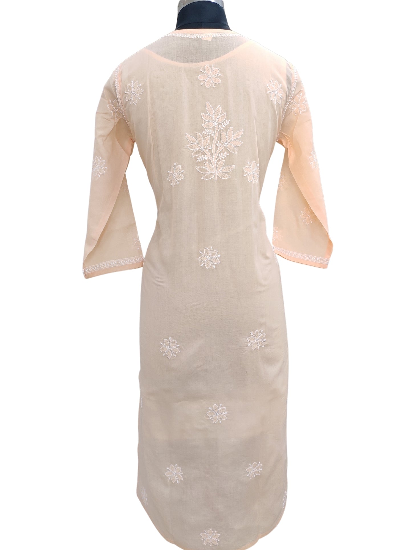 Shyamal Chikan Hand Embroidered Peach Cotton Lucknowi Chikankari Kurti With Jaali Work- S23538