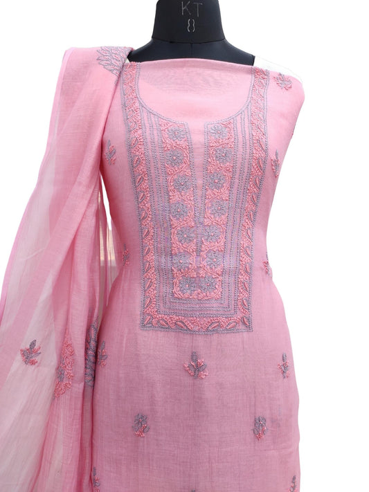 Shyamal Chikan Hand Embroidered Pink Mulmul Chanderi Lucknowi Chikankari Unstitched Suit Piece ( Kurta Dupatta Set ) - S20921