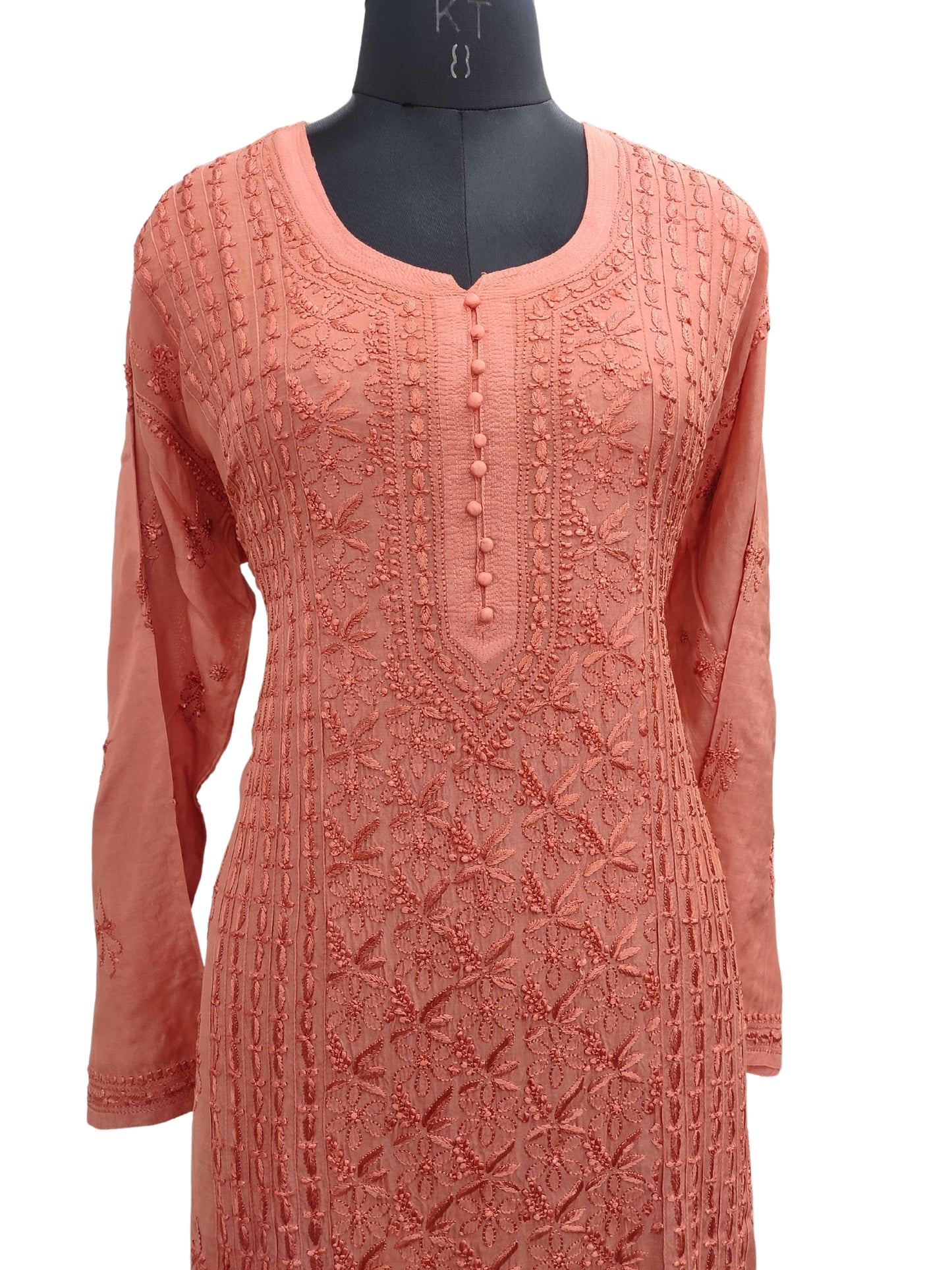 Shyamal Chikan Hand Embroidered Orange Muslin Lucknowi Chikankari Kurti - S24879