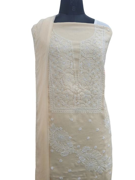 Shyamal Chikan Hand Embroidered Beige Cotton Lucknowi Chikankari Unstitched Suit Piece - S25053