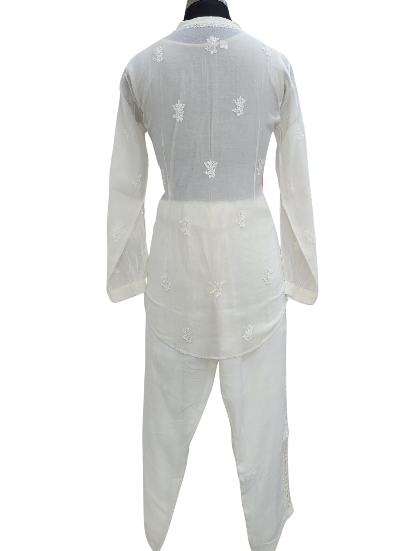 Shyamal Chikan Hand Embroidered White Mul Chanderi Lucknowi Chikankari Shirt and Pant Set - S24245