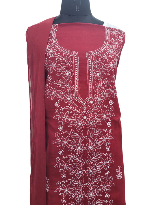 Shyamal Chikan Hand Embroidered Maroon Cotton Lucknowi Chikankari Unstitched Suit Piece - S25211