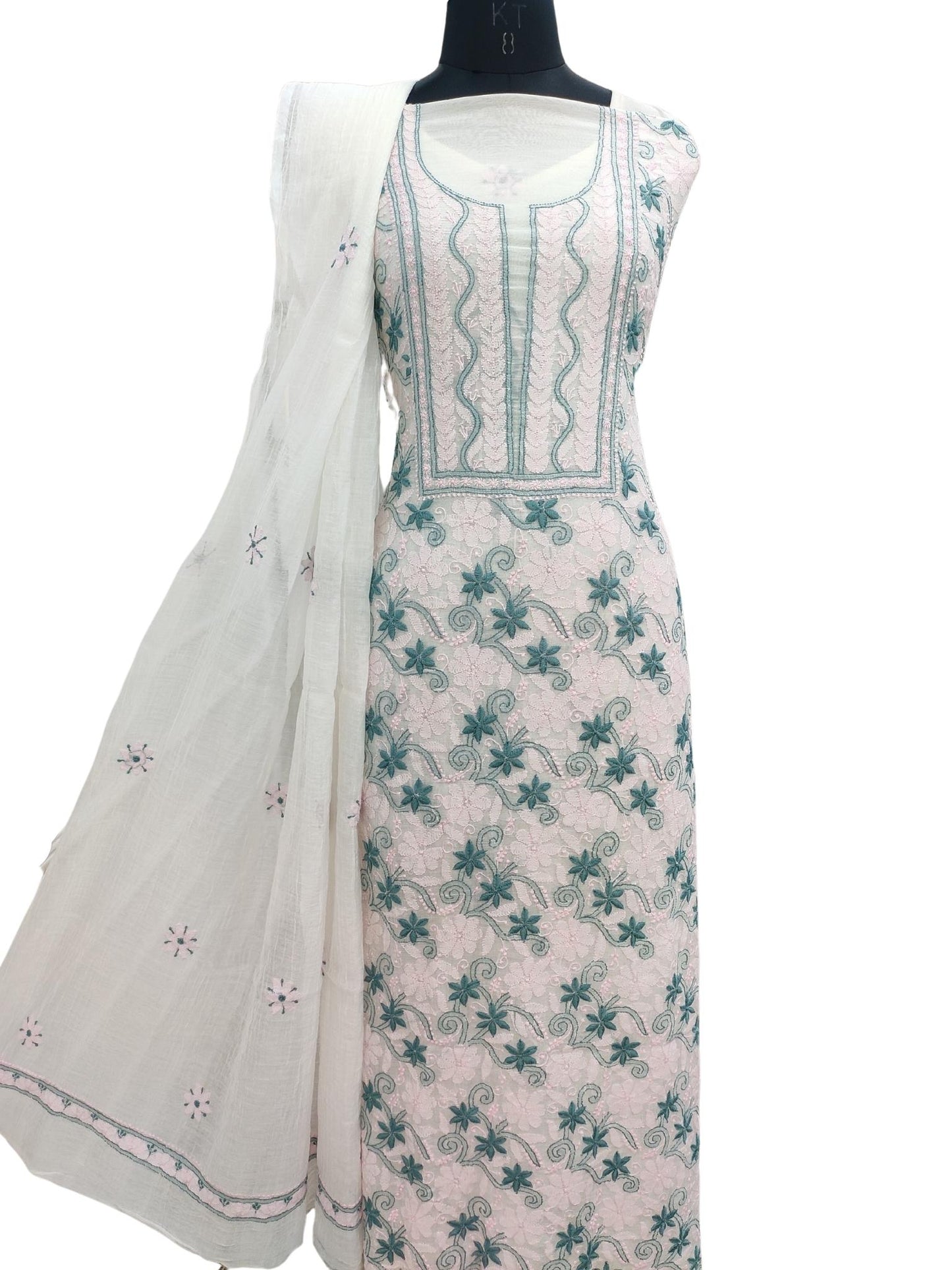 Shyamal Chikan Hand Embroidered White Mul Chanderi Lucknowi Chikankari Unstitched Suit Piece (Set of 2) - S20896