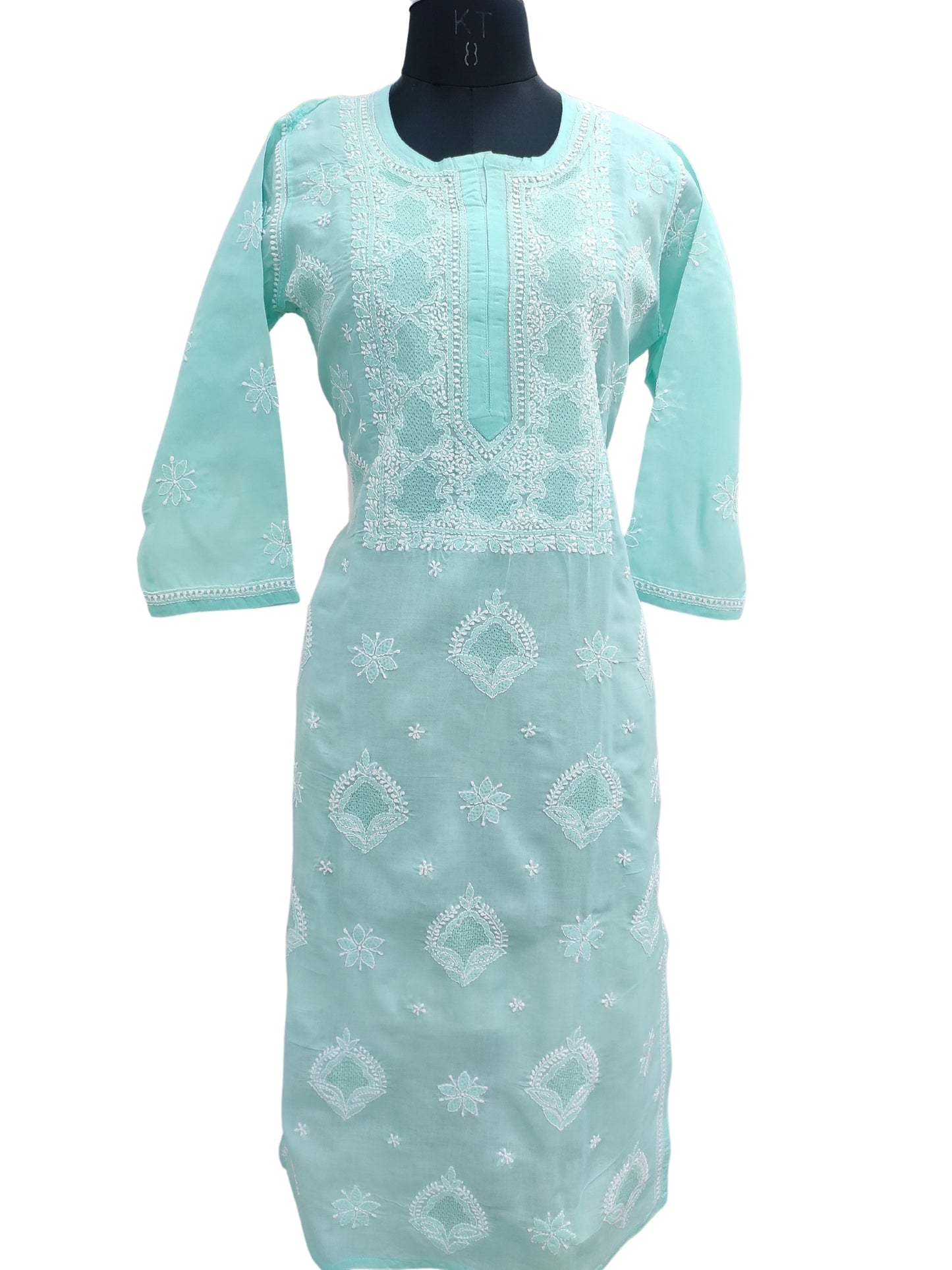 Shyamal Chikan Hand Embroidered Sea Green Cotton Lucknowi Chikankari Kurti With Jaali Work- S23536