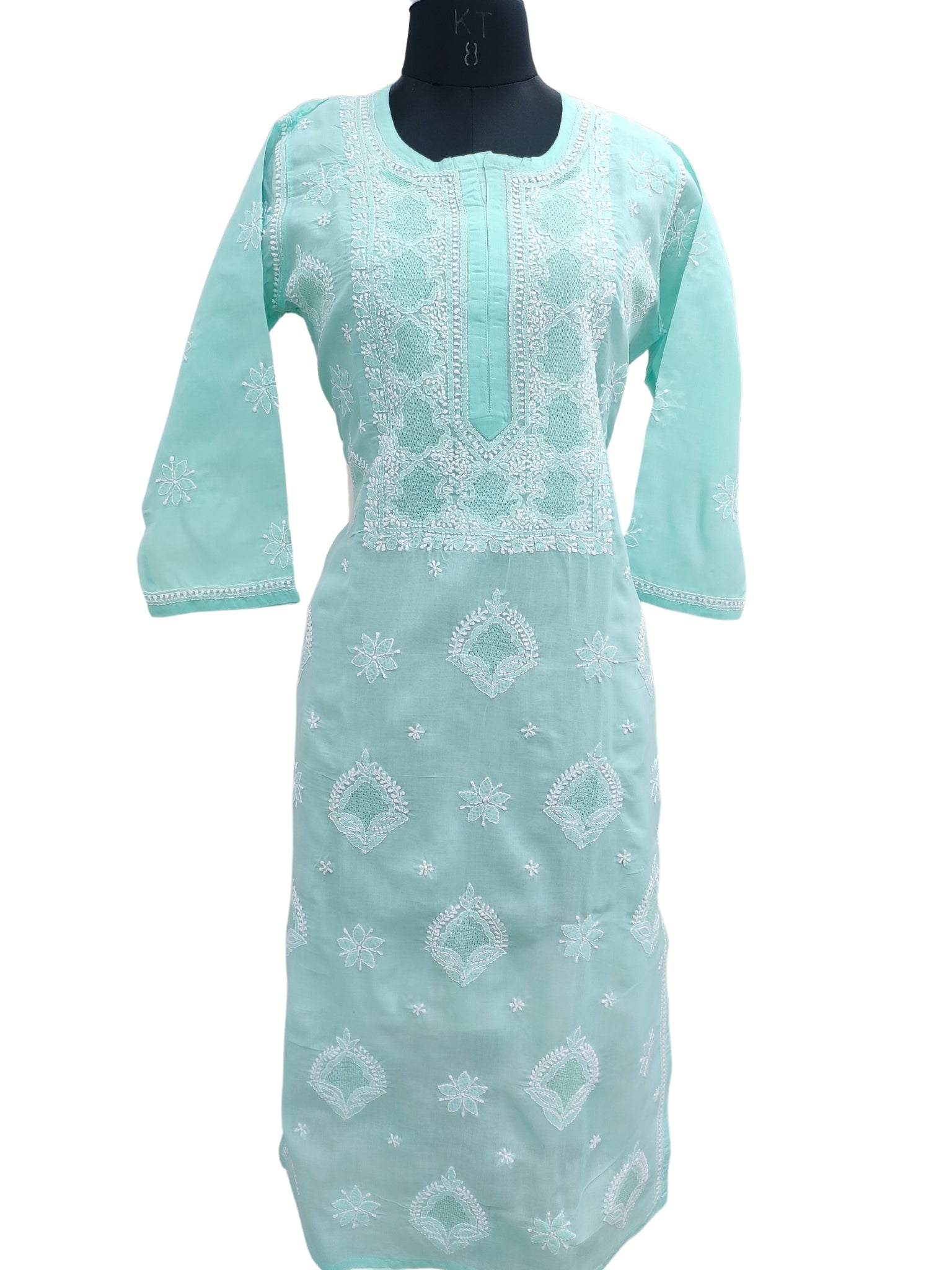 Shyamal Chikan Hand Embroidered Sea Green Cotton Lucknowi Chikankari Kurti With Jaali Work- S23536