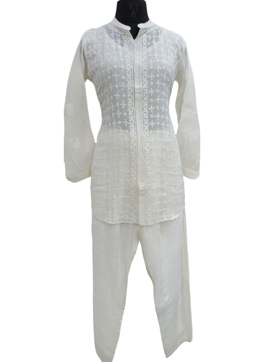 Shyamal Chikan Hand Embroidered White Mul Chanderi Lucknowi Chikankari Shirt and Pant Set - S24247