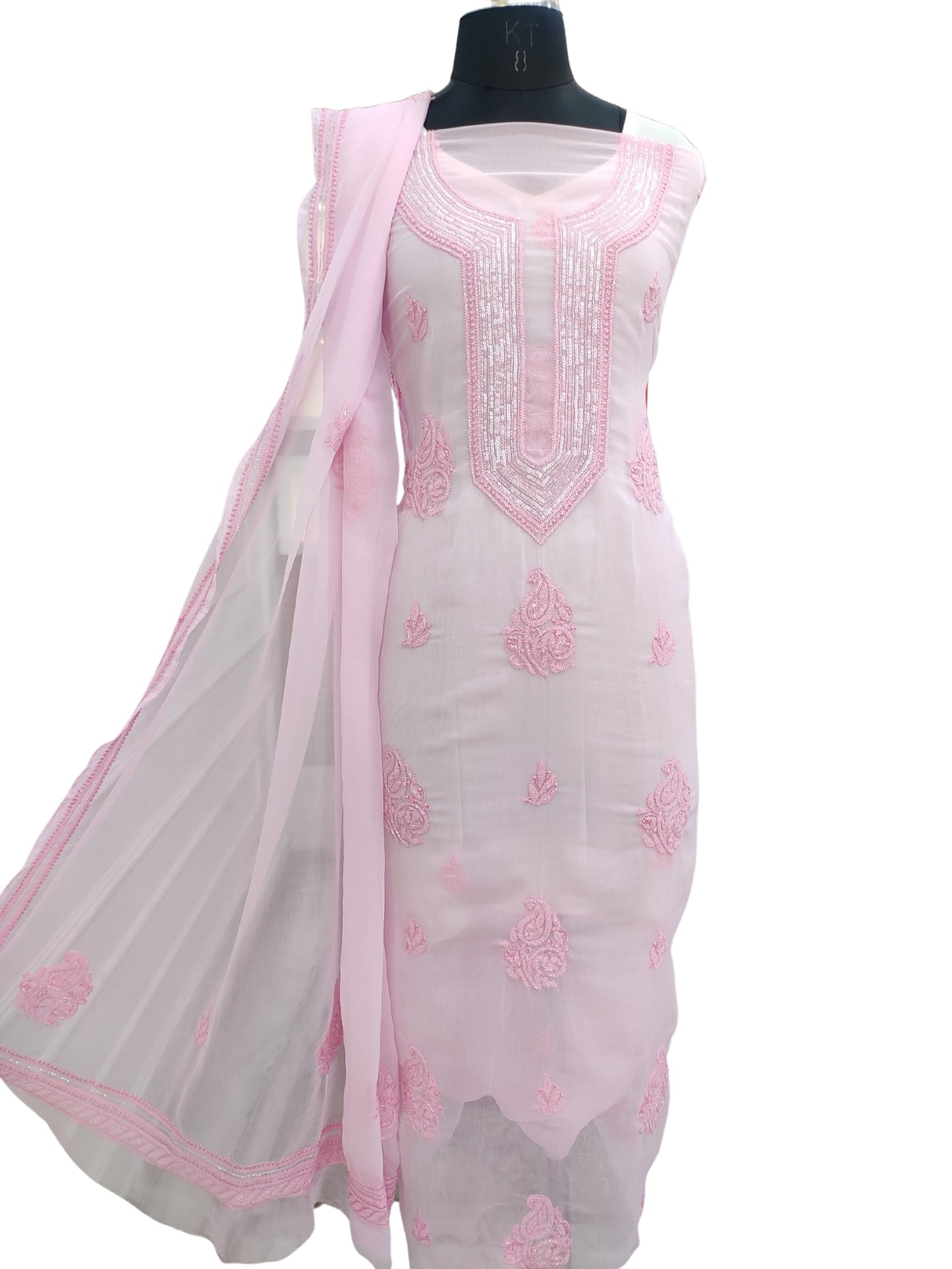 Shyamal Chikan Hand Embroidered Pink Georgette Lucknowi Chikankari Unstitched Suit Piece With Cutdana & Sequin Work - S24376