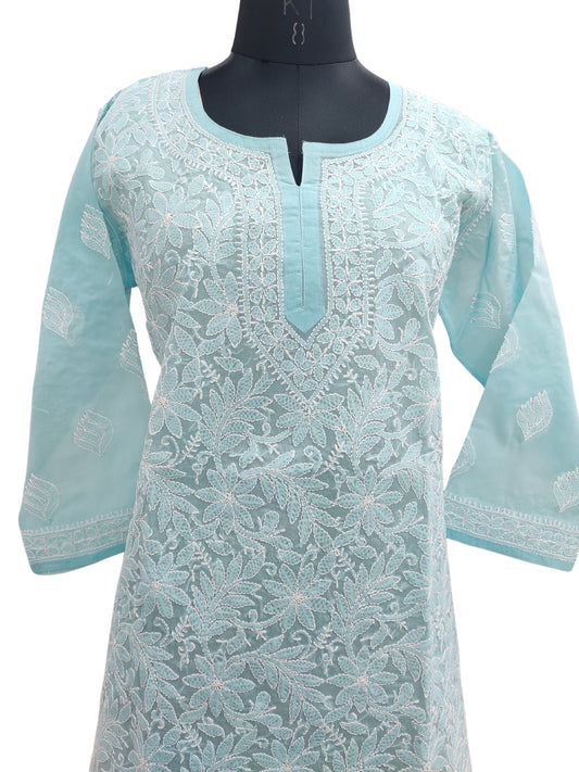 Shyamal Chikan Hand Embroidered Blue Cotton Lucknowi Chikankari Short Top - S21767