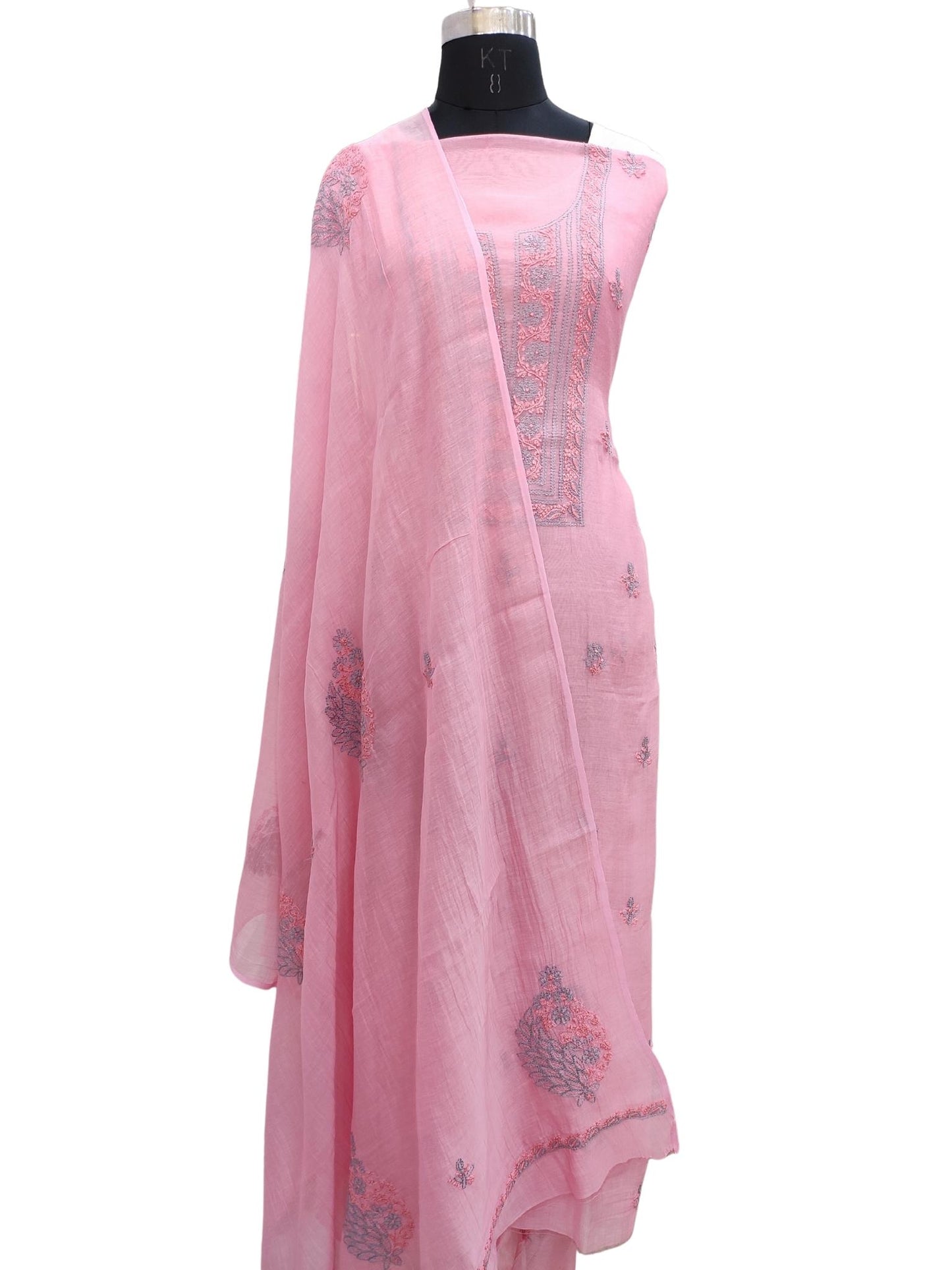 Shyamal Chikan Hand Embroidered Pink Mulmul Chanderi Lucknowi Chikankari Unstitched Suit Piece ( Kurta Dupatta Set ) - S20921