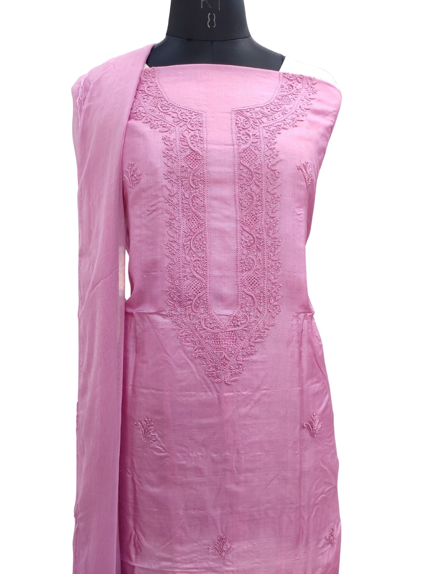 Shyamal Chikan Hand Embroidered Pink Pure Tusser Silk Lucknowi Chikankari Unstitched Suit Piece (Kurta Dupatta Set) - S24553