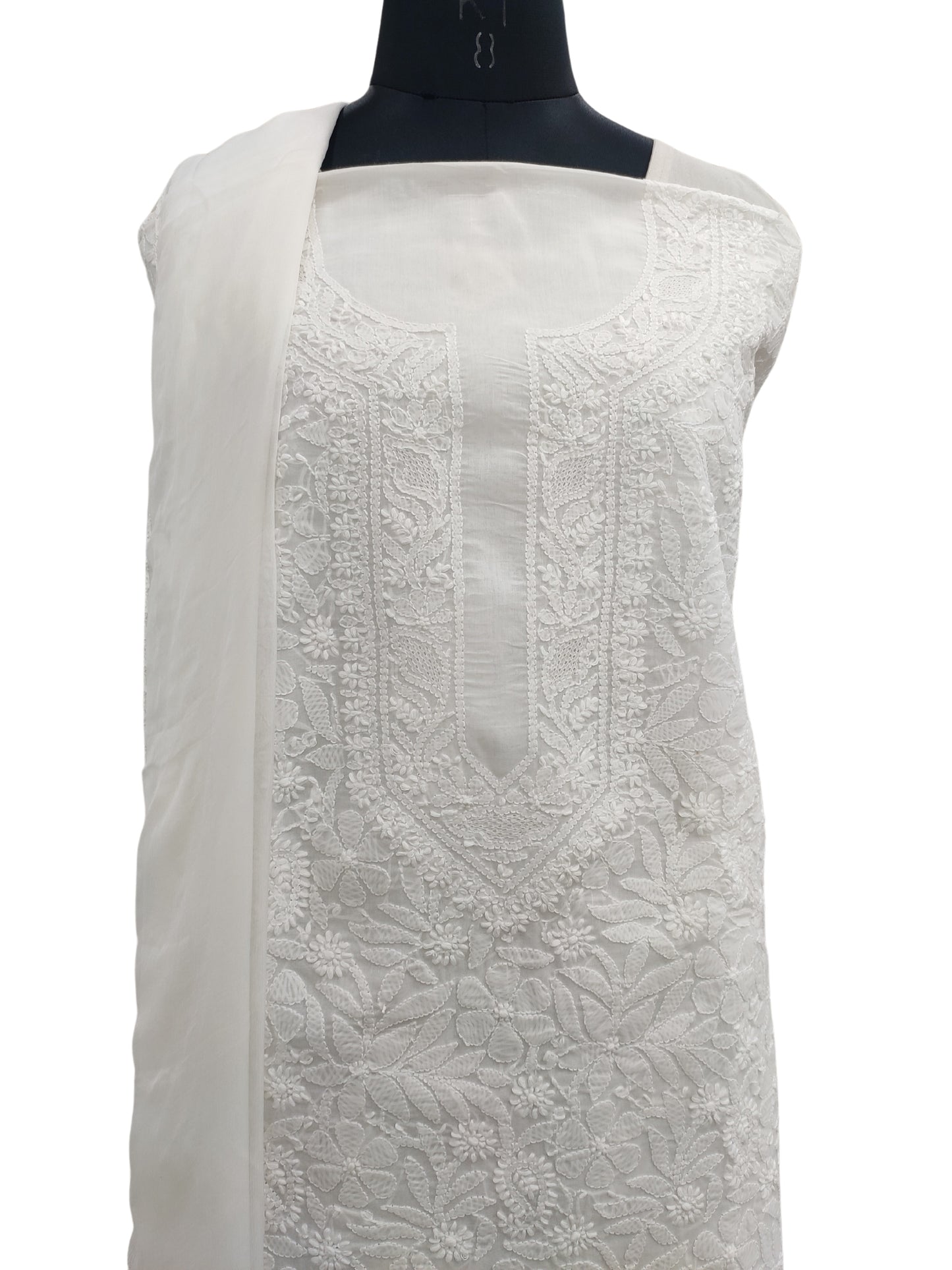 Shyamal Chikan Hand Embroidered White Cotton Lucknowi Chikankari Unstitched Suit Piece S21496