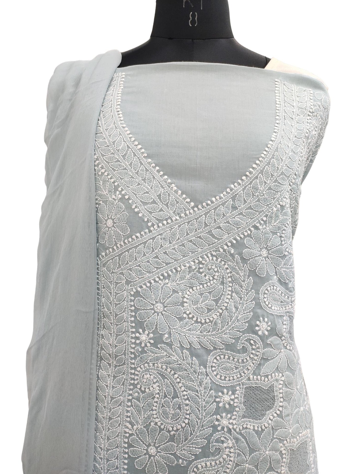 Shyamal Chikan Hand Embroidered Grey Cotton Lucknowi Chikankari Unstitched Suit Piece With Jaali Work - S20006
