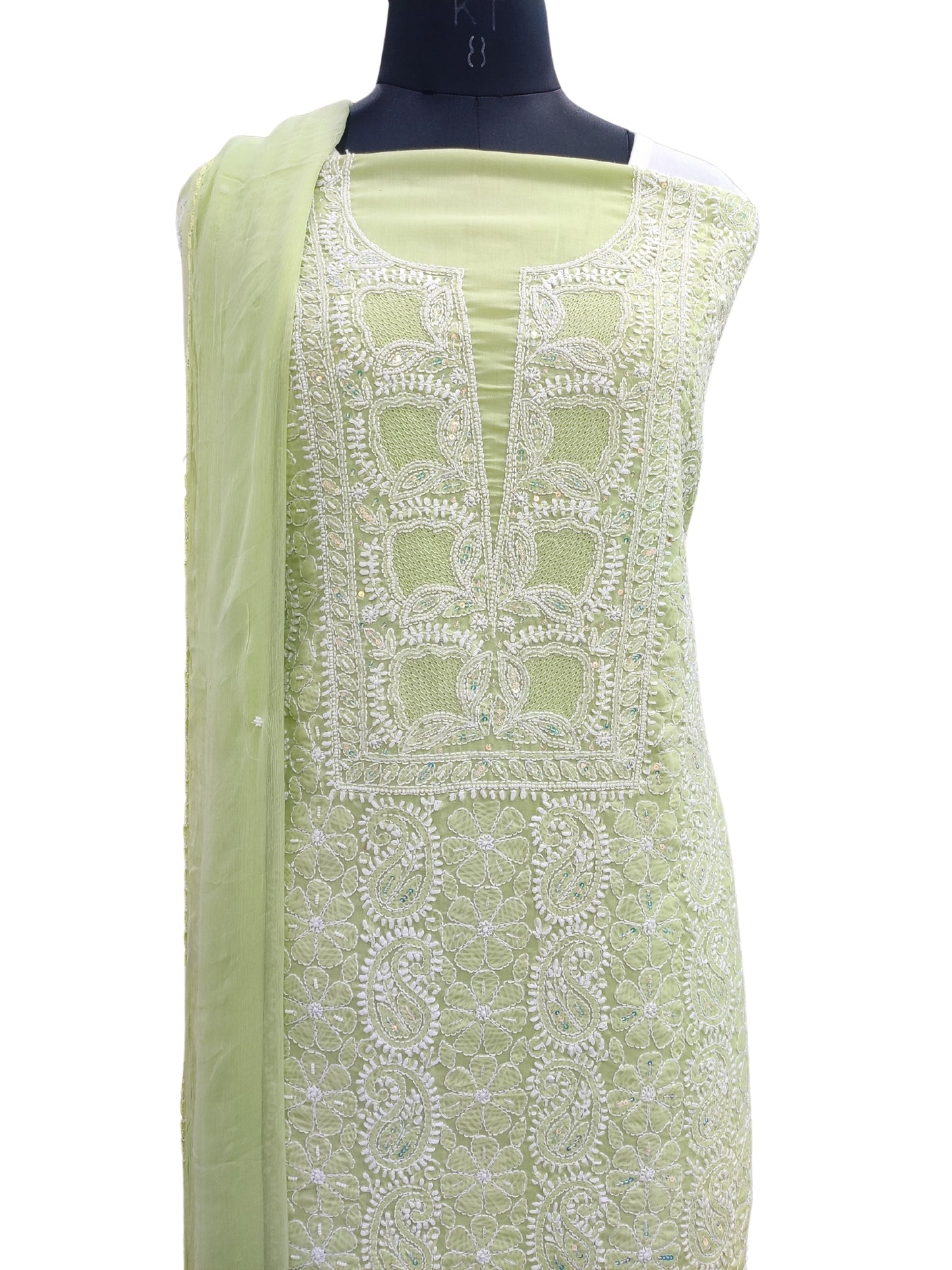 Shyamal Chikan Hand Embroidered Green Cotton Lucknowi Chikankari Unstitched Suit Piece With Pearl Sequin & Cutdana Work - S24326