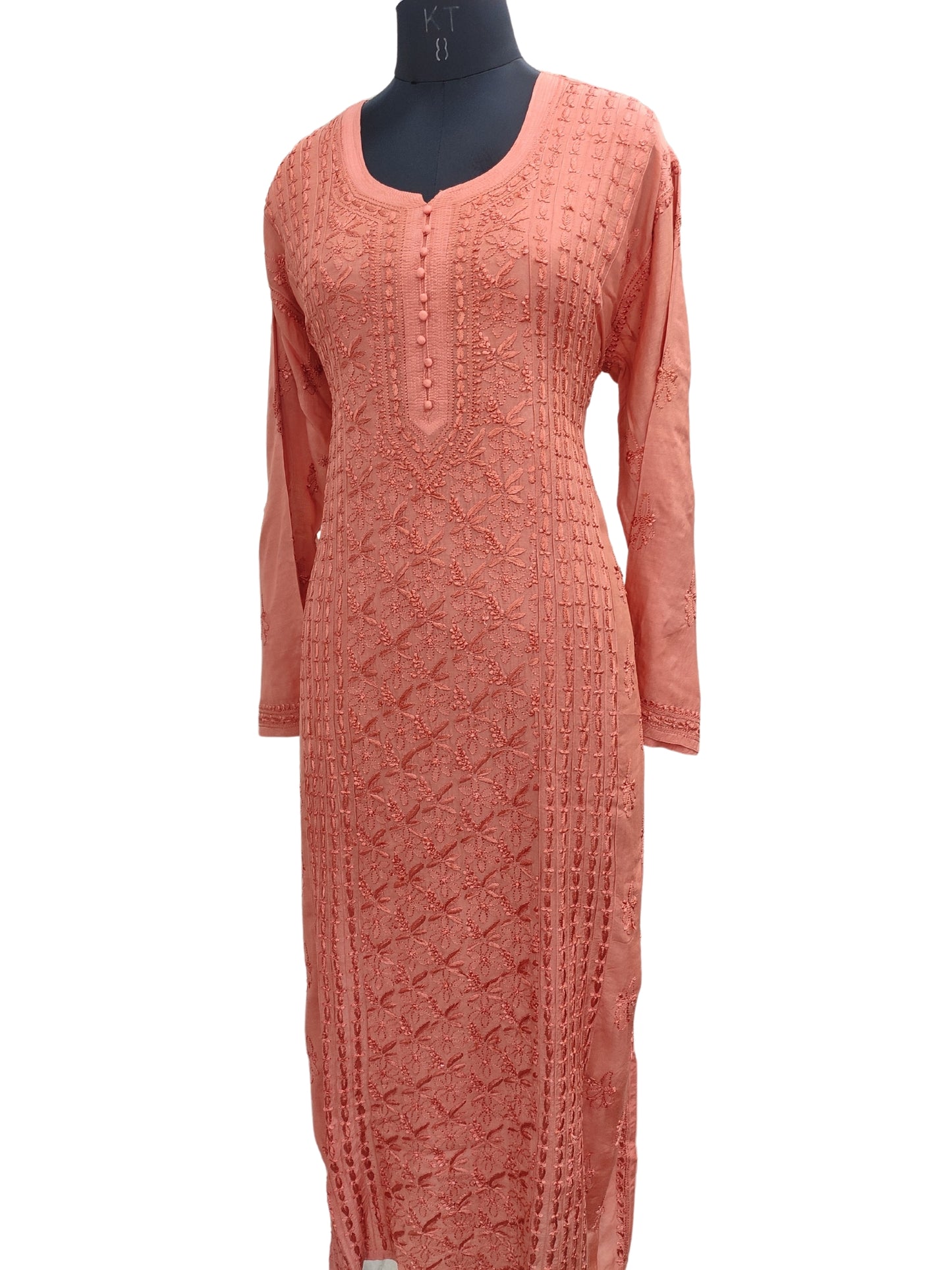 Shyamal Chikan Hand Embroidered Orange Muslin Lucknowi Chikankari Kurti - S24879